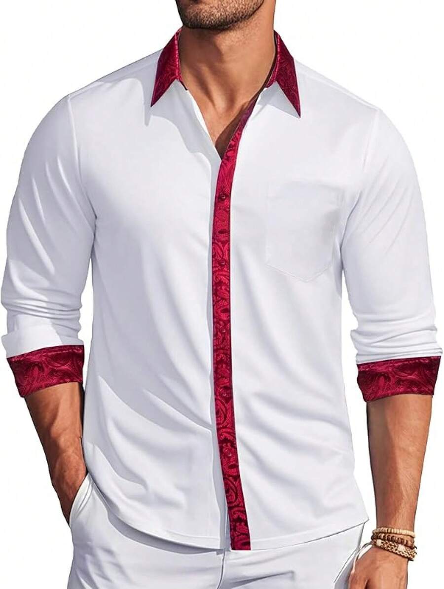 Mens Satin Silk Shirts Long Sleeve Designer Dress Shirt Shiny Untucked Casual Button Down Shirt Party Disco Formalhalloween - 白色和勃根地酒紅色 - 查看 1