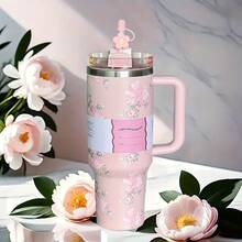 [Premium Tumbler] 40-Ounce Stainless Steel Tumbler With A Handle | Featuring Double-Wall Vacuum Insulation, Premium Multi-Colored Portable Water Bottle | Perfect For Travel, Outdoor Camping, Hiking, Driving, And Enjoying Iced Coffee - 淺粉紅色蝴蝶 - 查看 7