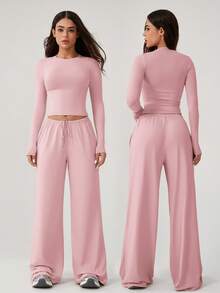 NcmRyu 1 Set Women Comfortable Casual Solid Color Round Neck Wide Leg Straight Loose Fit Long Sleeve Fitness Workout Running Outdoor Sports Suit