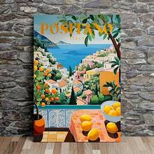 Positano Italy Travel Poster - Frameless Lemon-Inspired Coastal View Canvas Print Wall Art For Living Room Decoration, 31.49x47.24 Inch Indoor Portrait Artwork, Vibrant Mediterranean Scenery Canvas Painting For Bedroom And Home Decor (1 Piece)