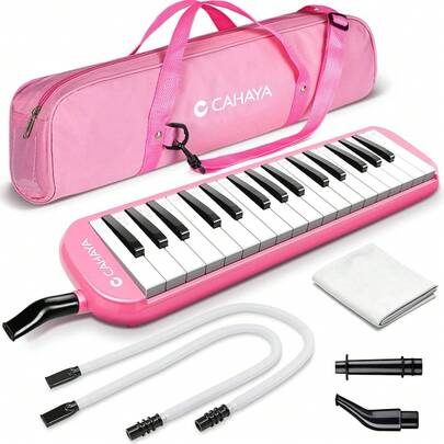 CAHAYA Melodica Instrument 32 Key FDA Approved Piano Style Portable With Double Plastic Flexible Long Pipe, Short Mouthpieces And Carrying Bag, CY0050-1