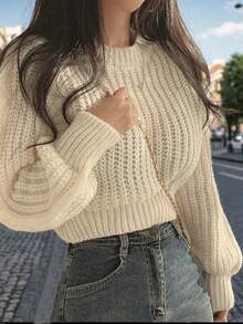 Suéter corto de unicolor con mangas farol, para mujer, para otoño/invierno, tops de manga larga - Albaricoque - Ver 3