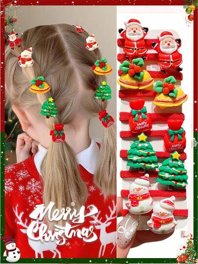 10 件套各式节日圣诞老人、圣诞树、雪人、圣诞袜设计发圈，适合女孩的可爱圣诞派对礼物
