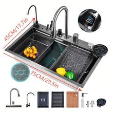 Black Kitchen Sink - Embedded Workstation, 304 Stainless Steel Waterfall Sink, Nano Coating, Perfect Integration Of Aesthetic Experience, Durability, And Versatility - 29.5''*17.5''*8'' - View 9