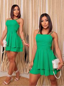 Dunna Fabric Flared Jumpsuit Dress With Adjustable Straps And Elastex Pads On The Back - 綠旗 - 查看 1