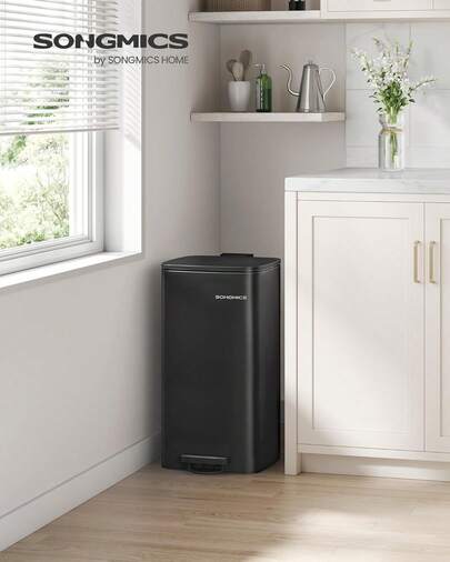 Kitchen Bin, 8-Gallon (30 L) Trash Bin, Steel Pedal Bin, With Inner Bucket, Soft Close And Stays Open, Ink Black/Metallic Silver/Sand Beige