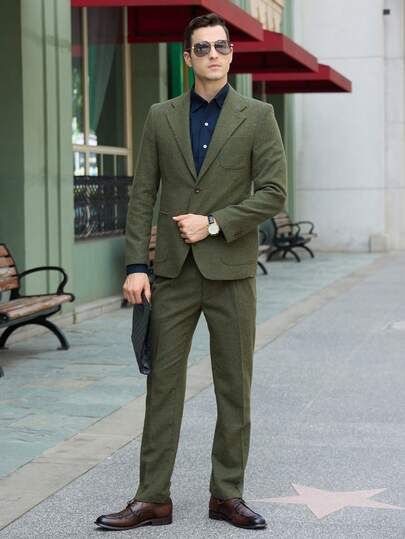 Conjunto de 2 piezas para hombre, chaqueta y pantalón, de una sola hilera, de tela de lana, color verde oliva, tallas XS-XXXL