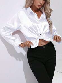 Women's Casual Solid Color Long Sleeve Faux Satin Polyester Shirt With Lapel Button Design - Xem 4