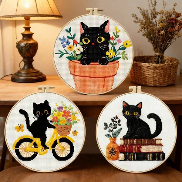 1 Set Cat Theme Cross Stitch Kit, 11CT Cloth, 3-Strand Floss, Embroidery Frame, Full Tools Included, DIY Home Decor Healing Gift