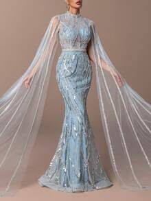 Women's Luxury High-Neck Transparent Tulle Gown – Sequin Embroidery & Beads Accents, Slim-Fit Fish-Tail Silhouette With Tulle Cape & Back Zipper – Perfect For Weddings, Evening Dinners, Red-Carpet Events & Award Ceremonies New Year Outfit - Baby Blue - View 6
