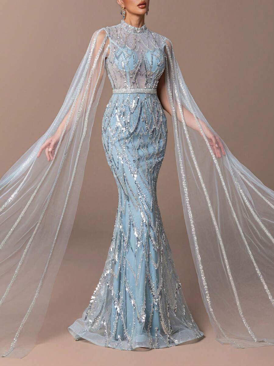 Women's Luxury High-Neck Transparent Tulle Gown – Sequin Embroidery & Beads Accents, Slim-Fit Fish-Tail Silhouette With Tulle Cape & Back Zipper – Perfect For Weddings, Evening Dinners, Red-Carpet Events & Award Ceremonies New Year Outfit - Baby Blue - View 1