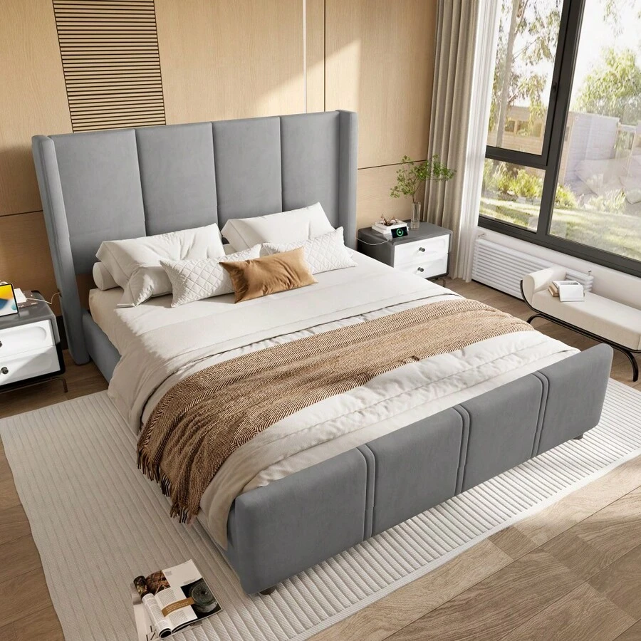 Modern Upholstered Bed Frame 140x200cm: Tall Headboard & Footboard With Certified USB Port, Iron And Wood Construction, Grey - Dark Gray + Velvet + 140x200cm - View 1