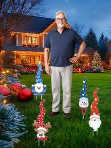 4pcs Christmas Garden Sign Set - Art Deco Style Santa And Reindeer Courtyard Sign, Durable Plastic Material, Outdoor Holiday Decoration, Suitable For Lawn Display, Outdoor Christmas Decorations, Christmas Courtyard Lawn Decorations, Indoor And Outdoor Decorative Sign Marker