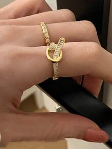 1pc Diamond Rhombus Knotted Adjustable Open Ring, Elegant French Style
