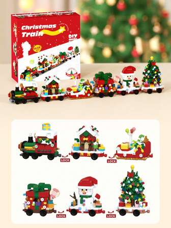 迷你圣诞火车积木儿童玩具微型积木DIY砖块游戏益智玩具圣诞装饰品、家居桌面摆件、儿童圣诞礼物