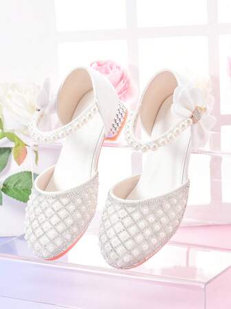 Zapatos de tacón alto de perlas blancos de princesa para niñas, zapatos formales de vestir para fiestas infantiles