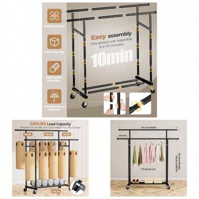 Double Rods Clothes Rack Hanging Clothes, Clothing Rack With Wheels, Portable Closet Organizer Laundry, Room, Black
