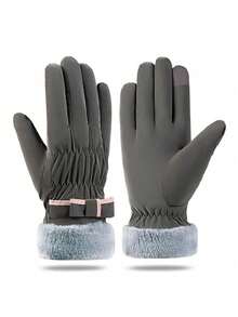 1双女士冬季手套，加厚毛绒内衬触摸屏保暖手套，适用于骑行、登山、滑雪、防风防寒、摩托车毛绒手套、触摸屏手套防水面料