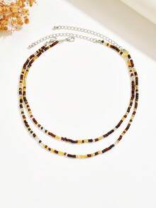 1 Set Of 2pcs Handmade Beaded Necklace Set, Vintage Elegant Design With Brown Rice Beads, Suitable For Women's Daily, Vacation, And Party Wear (Bead Positions Random)