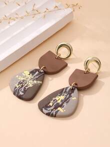 1 Pair Handmade Geometric Bicolor Gold Foil Pendant Earrings, Fashionable & Versatile For Women, Suitable For Vacation And Daily Wear - Coffee Brown - View 2