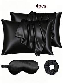 Set de 3 piezas de satén para dormir | talla grande suave que el juego de funda de almohada y antifaz de seda - Incluye 1 funda de almohada de satén, 1 antifaz de satén y 1 coletero de satén, Funda de almohada 29.53 pulgadas x 19.29 pulgadas (75 cm * 49 cm), Escuela, Vuelta al colegio, Viaje, Artículos esenciales de viaje, Artículos esenciales para el hogar, Antifaz, Máscara para dormir