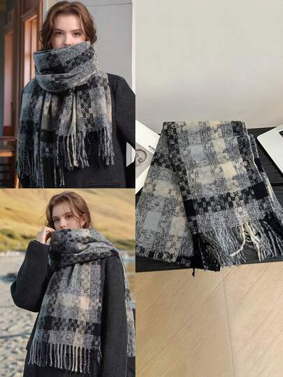 1 pieza Bufanda a cuadros clásica y retro, de material suave de imitación de cachemira de alta calidad, con decoración de flecos, adecuada para uso diario, ir al trabajo, actividades al aire libre, uso casual, uso en la calle, accesorio de moda y versátil para mujeres