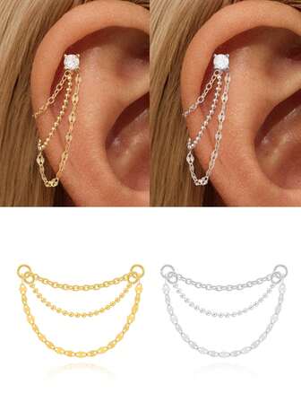 1 ST 925 Sterling Zilveren 4-punts zetting/piercings oorbellen drie ketting bedel platte achterkant kraakbeen helix piercing fijne sieraden voor dagelijks gebruik bruiloft feest verloving jubileum Valentijnsdag