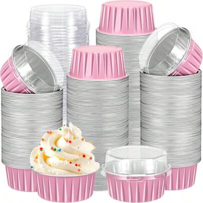 CHIPRISE 100-Piece Set (50 Cups + 50 Lids) Mini Cheesecake Containers With Lids, Paper Cupcake Liners, Disposable Aluminum Foil Cream Pudding Pots, Mini Pie Pans With Lids - Ideal For Puddings, Custards, Mini Cakes, And Other Desserts. Perfect For Parties, Weddings, Outdoor Events, And Holidays Like Christmas And Halloween.