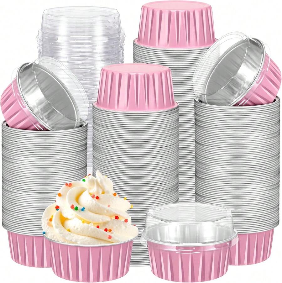 CHIPRISE 100-Piece Set (50 Cups + 50 Lids) Mini Cheesecake Containers With Lids, Paper Cupcake Liners, Disposable Aluminum Foil Cream Pudding Pots, Mini Pie Pans With Lids - Ideal For Puddings, Custards, Mini Cakes, And Other Desserts. Perfect For Parties, Weddings, Outdoor Events, And Holidays Like Christmas And Halloween. - 粉色 - 查看 1