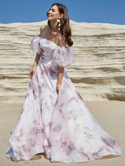 Floral Print Off-Shoulder Puff Sleeve Floor-Length Evening Gown