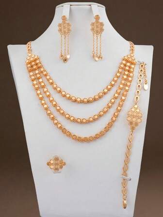 5 件套多层项链套装，18K 镀金铜，香槟金，奢华优雅的设计，适合正式场合佩戴的珠宝，浪漫时尚的迪拜风格，适合新娘、婚礼、情人节、周年纪念日、送给她的礼物