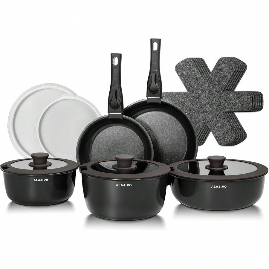 Topfset mit Abnehmbarer Griff, 17-Teilig Topfsets Pfannenset mit Antihaft Beschichtet, Topfset Induktion Kochtopf Set mit Deckel, für Alle Herdarten, Backofenfest, Ofenfest (grau) YAD6 - Grad - Übersicht 1