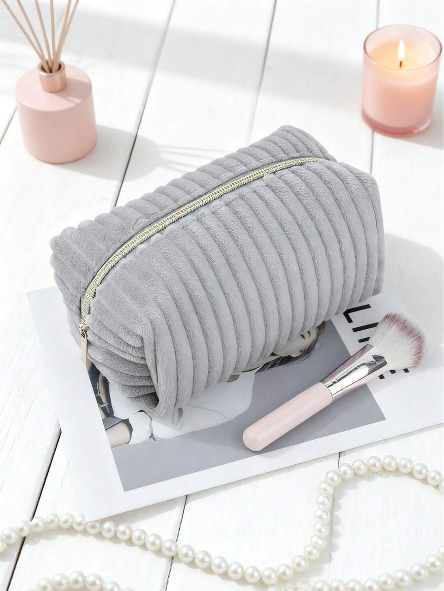Luxury Minimalist Ins Girls Wide-Stripe Corduroy Soft Makeup Bag Large Capacity Storage Portable Travel Beauty Bag Women's Zippered Pouch With Niche High-End Aesthetic Commuter Travel Beauty Bag - Must-Have For Students Halloween & Christmas Holiday Gift
