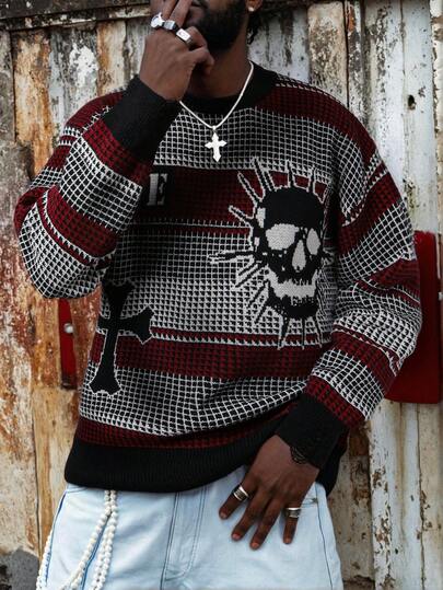 Jersey holgado informal de hombre con gráfico de calavera y cruz, estilo minimalista gótico de calle, otoño/invierno