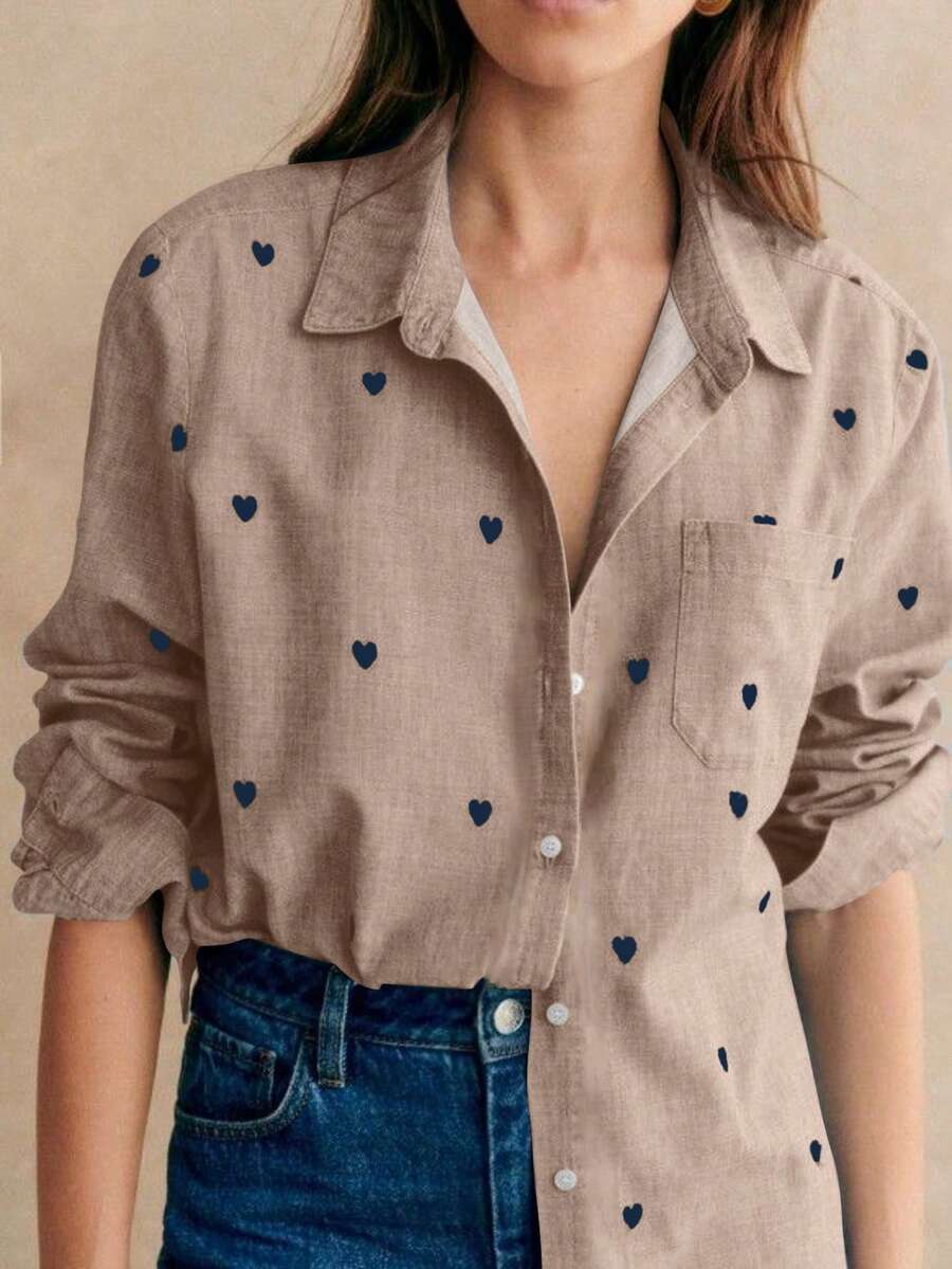 女款休閒基礎純色愛心印花長袖POLO衫,附口袋,梭織面料,適合居家、辦公、度假、假期,春夏季秋冬四季皆宜 - 咖啡棕 - 查看 1