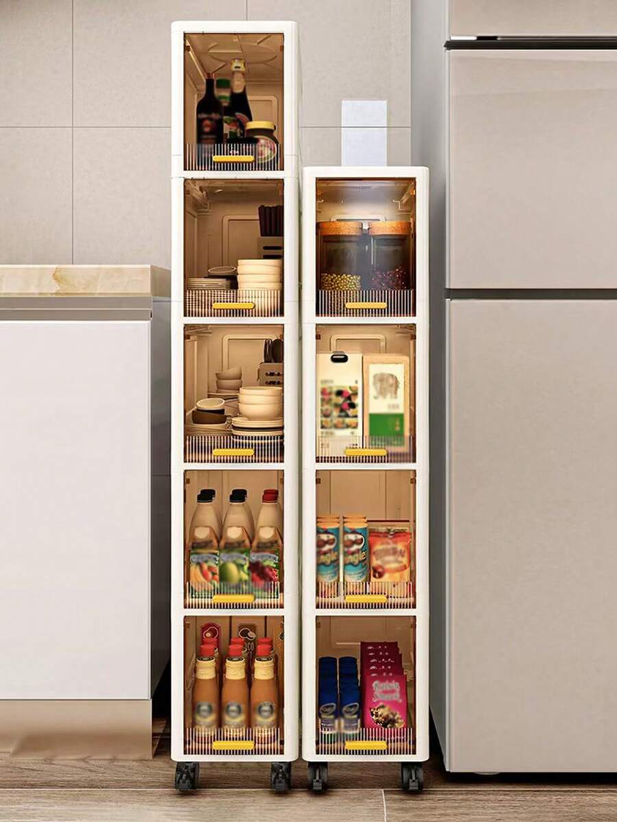 3/4 Layers Narrow-Gap Storage Cabinets, Narrow Storage Cabinets For Kitchens And Bathrooms, Multi-Layer Shelves With Drawer Gaps, Light Luxury Bathroom Gap Cabinets, Floor-Standing Cabinets, Used For Organizing Home Storage Boxes And Household Items - 白色 - 查看 1