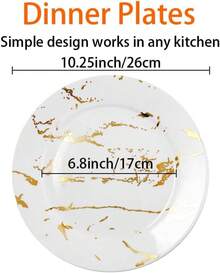 25 件/套陶瓷盘套装，白色大理石设计，带金边，优雅的开胃菜、沙拉、甜点盘，适合日常用餐和聚会 - 白色 - 查看 2