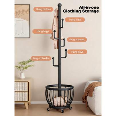 Perchero de pie con forma de árbol y cesta para ropa, resistente y de pie, para bolsos y sombreros, con estructura de metal, ideal para dormitorio, decoración del hogar, estilo moderno, ideal para la entrada, dormitorio, oficina, bolsos y sombreros.