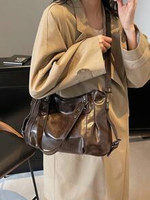 1 Pc Vintage Oversized Tote Bag - Boho PU Leather Crossbody Purse For Women, Spacious Travel & Everyday Shoulder Bag With Matching Wallet , Women Casual Tote Bag & Wallet, New Arrival Tote Bags For Woman , Vintage Bag , Y2k , Office , Valentine's Day Gifts For Women - 咖啡棕 - 查看 8