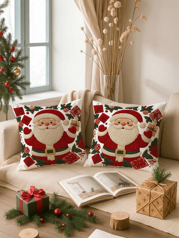 2Pcs Santa Claus Christmas Throw Pillow Covers Imitation Embroidery Throw Pillow Cover Home Decor Sofa Living Room Bedroom Bed Couch Chair Cushion Covers(No Pillow Core)