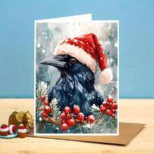 Aquarell Feiertags-Rabe Karte, Weihnachts-Rabe Grußkarte, festliche Wintervogel Kunst, handgemachte Feiertags Karte, Aquarell Grußkarte - 11cm/4,33"x16cm/6,29", Weihnachtskarten mit Umschlägen, Grußkarten, Grußkarten mit Umschlägen, Pop-up Karten, Pop-up Weihnachtskarten