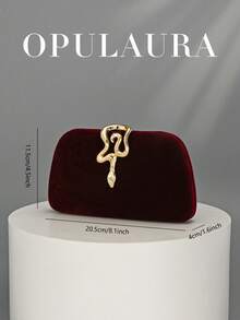 OpulAura 女士复古时尚天鹅绒手拿包，蛇扣设计，欧美风格，高端简约盒形手提包，适合婚礼、庆典、正式活动、派对、单肩包、高品质链条肩带 - 酒紅色 - 查看 3