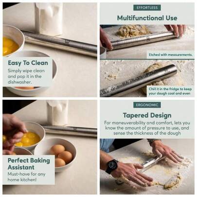 - Rodillo Francs de Acero Inoxidable con Medidas - 40cm - Rodillo para Pizza, Albndigas, Pasteles, Pasta, Galletas, Fondant y Arcilla Polimrica