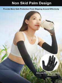 1pc New Style Women's Long Sun Protection Gloves For Summer. These Ice - Silk Arm Sleeves Can Block Ultraviolet Rays. They Are Suitable For Cycling And Driving, With Anti - Slip And Touch - Screen Functions. They Are Extra - Long To Cover The Arms And Perfect For Outdoor Use