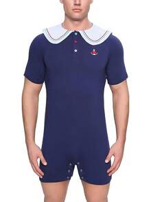 Men's Cotton  Sailor Collar Bodysuit Short Sleeve Print Romper Pajama - Captainhalloween - 藏蓝色 - 查看 2