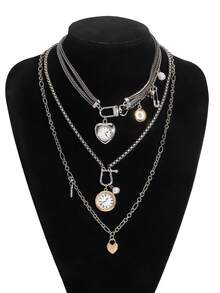 3pcs Set Wrist Watch Pendant Necklace, Double Layer Metal Chain Necklace With Contrast Color Pendant Charm, Suitable For Casual Wear And Gift, Multifunctional Accessory For All Seasons - Multicolor - View 2