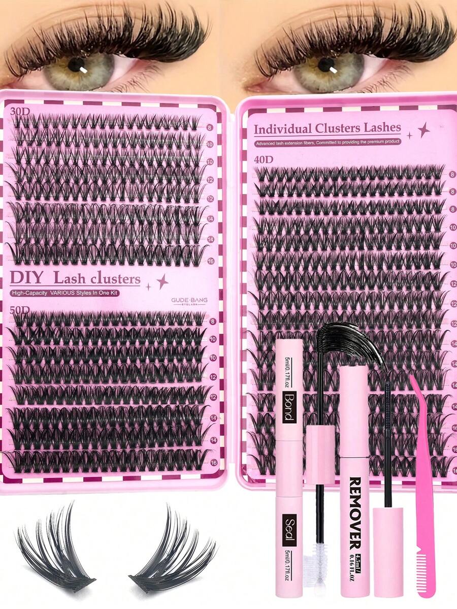 640pcs False Eyelash Set, 30D+40D+50D Large Capacity Mixed Lash Extension Set, 8mm-16mm DIY Lash Extension Set, Single Lash Cluster Set, D Curl Lash Extension Set, Includes Adhesive, Sealer And Lash Extension Tools, Suitable For Daily Use, Essential Makeup Tool For Women, Easily Create Glamorous Makeup Look, Suitable For Daily Use, Travel, Beginner, Wedding, Date, Party, Holiday And Other Occasions, Also A Great Gift For Christmas/Halloween/Back To School Season - 黑色 - 查看 1