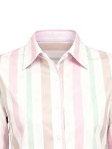 Camisa Elegante de Mulher JOVI SHEEN com Listras Arco-Íris de Dopamina, Camisa Casual de Mulher com Design Decotado nas Costas, Camisa de Mulher com Listras, Gola de Botão e Manga Longa, Camisa de Escritório para Mulher, Camisa Feminina Adequada para Férias de Outono