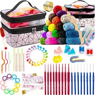 EDCUEBE7 1 套钩针编织套件，初学者钩针编织纱线工艺套装，配有钩针、配件和便携式储物袋，适合成人和老年人，节日和生日礼物，适合送给朋友的可爱套装（纱线颜色随机搭配）