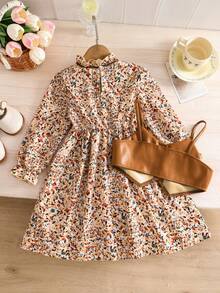 2 pezzi Vestito da ragazza con top a canottiera con colletto arricciato e maniche lunghe, Abito pullover con fantasia floreale e gilet in pelle sintetica, Completo casual adatto per esterno, festa, regalo per vacanze, adatto per bambine di 4-8 anni - Castano - Visualizzare 2